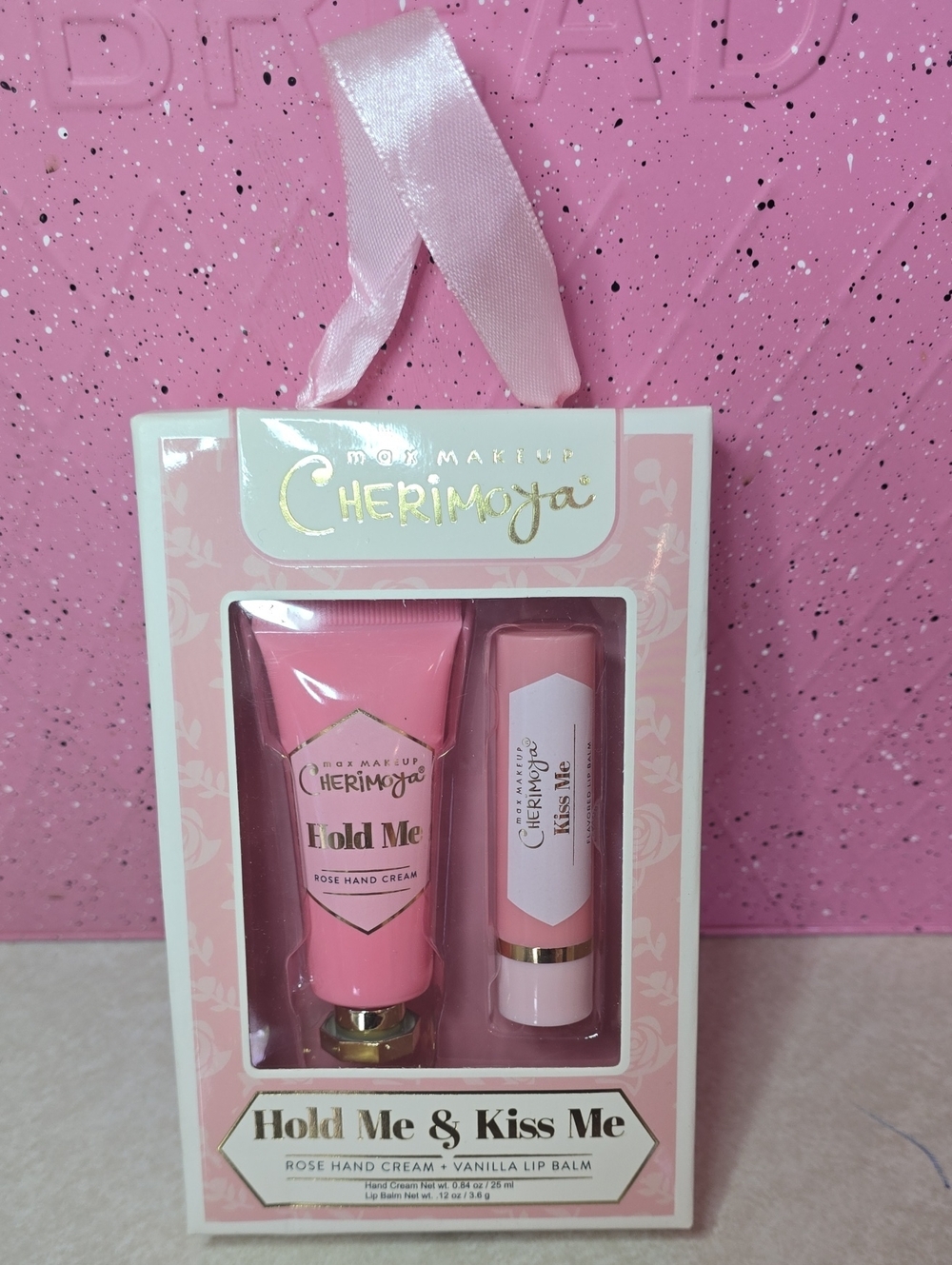 Max Makeup Cherimoya "Hold Me & Kiss Me" Rose Hand Cream Vanilla Lip Balm Gift
